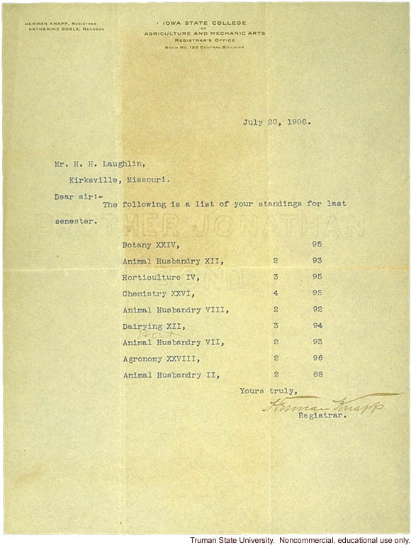 H. Laughlin's graduate school report from Iowa State College 