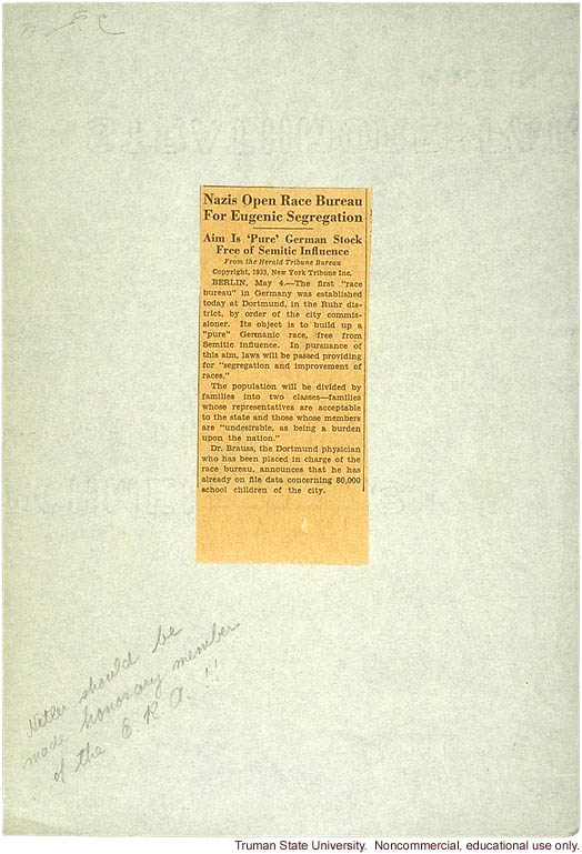 &quote;Nazis open race bureau for eugenic segregation,&quote; New York Tribune, May 4, 1933