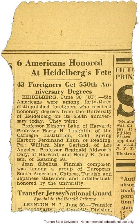 Newspaper clipping about H. Laughlin's honorary degree from the University of Heidelberg
