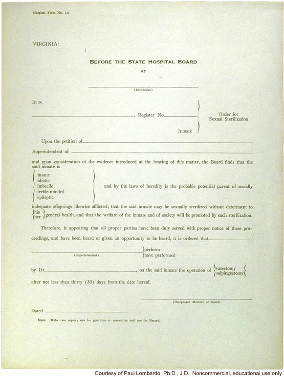 Virginia order form for sterilization procedure