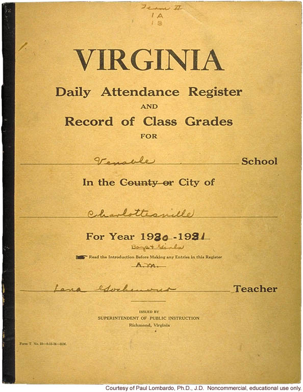 Teacher's grade book, including Vivian Dobbs (Vivian Buck), Venable School, Charlottesville, Va.