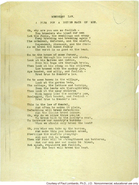 Mendel's Law Poem, by Joseph DeJarnette, MD, witness in Buck vs. Bell case