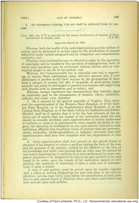 Virginia Sterilization Act of 3/20/1924