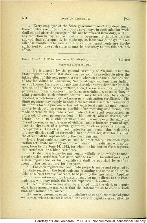 Virginia Act to Preserve Racial Integrity of 3/20/1924