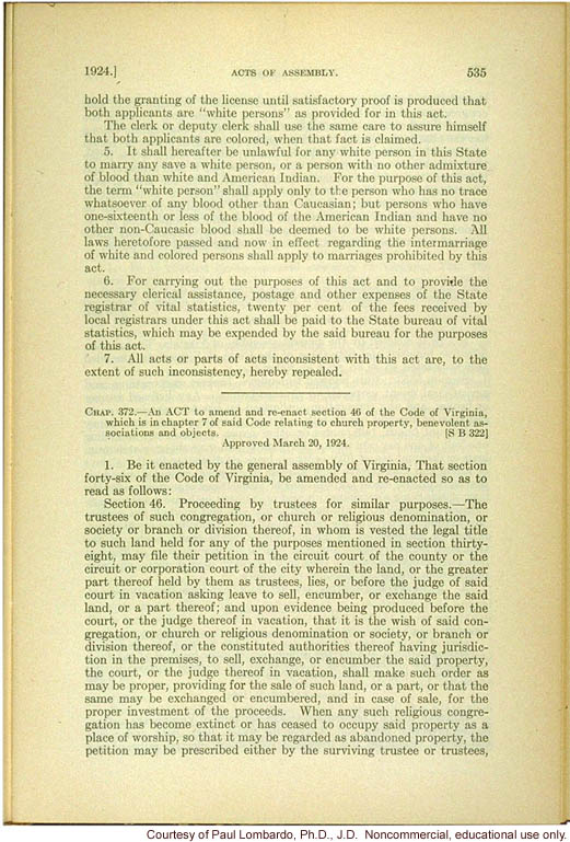 Virginia Act to Preserve Racial Integrity of 3/20/1924