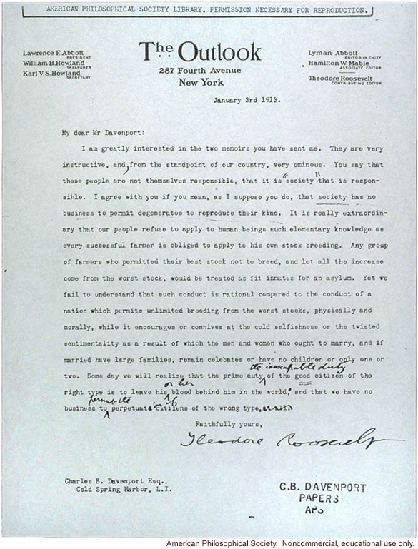 T. Roosevelt letter to C. Davenport about &quote;degenerates reproducing&quote;