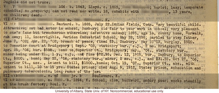 Prison mug shot of VI153 and corresponding entry in Estabrook's typescript &quote;The Jukes Data&quote; (photo laid in Estabrook's copy of R. Dugdale's The Jukes)