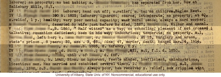 Prison mug shot of V265 and corresponding entry in Estabrook's typescript &quote;The Jukes Data&quote; (photo laid in Estabrook's copy of R. Dugdale's The Jukes)