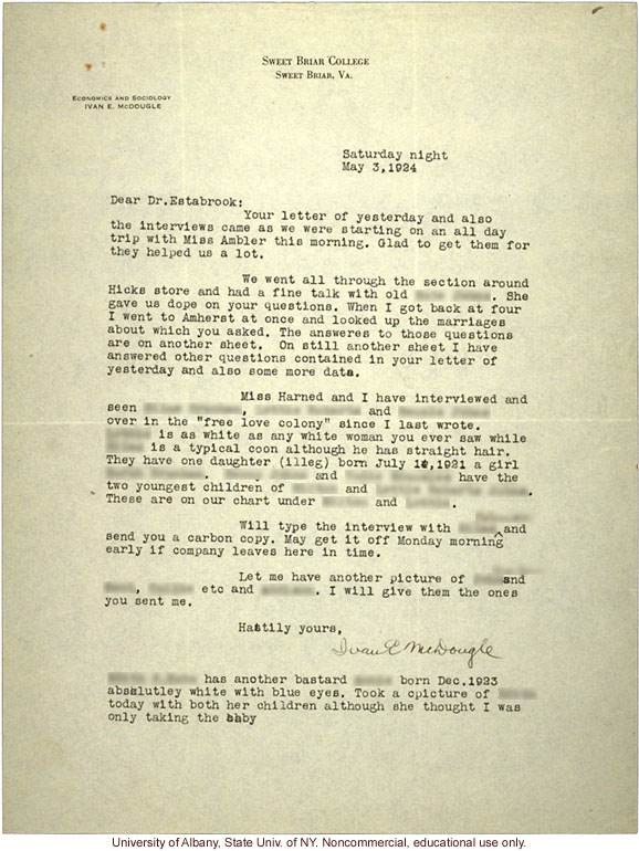 I. McDougle letter to A. Estabrook, about research on mixed race marriages for <i>Mongrel Virginians</i> (5/3/1924)