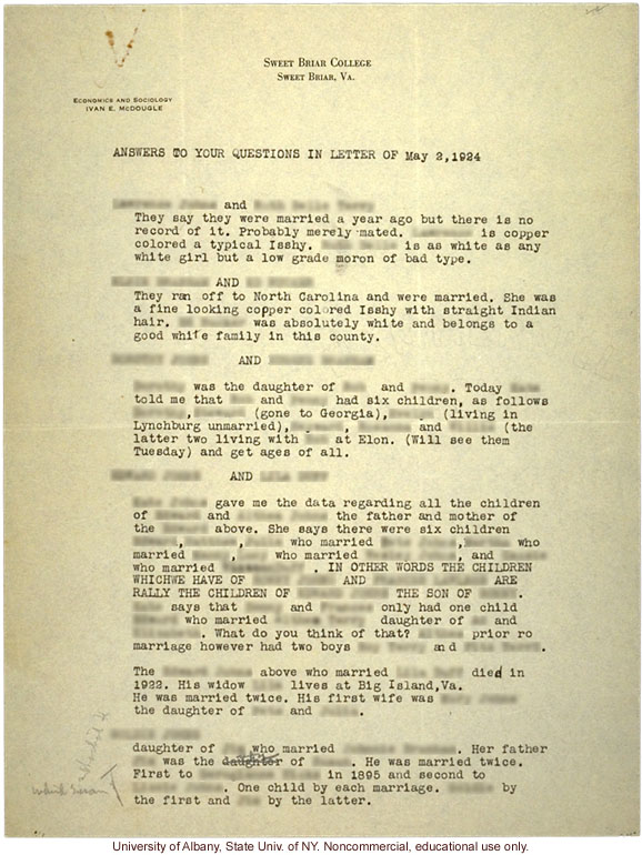 I. McDougle letter to A. Estabrook, about research on mixed race marriages for <i>Mongrel Virginians</i> (5/3/1924)