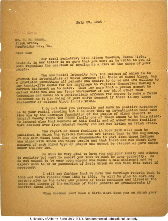 W. Plecker letter to anonymous, warning that registry of mixed race families would be scrutinized under the Viriginia Racial Integrity Act (7/29/1924)