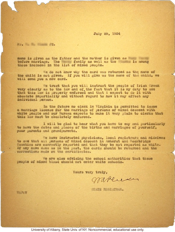 W. Plecker letter to anonymous, warning that registry of mixed race families would be scrutinized under the Viriginia Racial Integrity Act (7/29/1924)