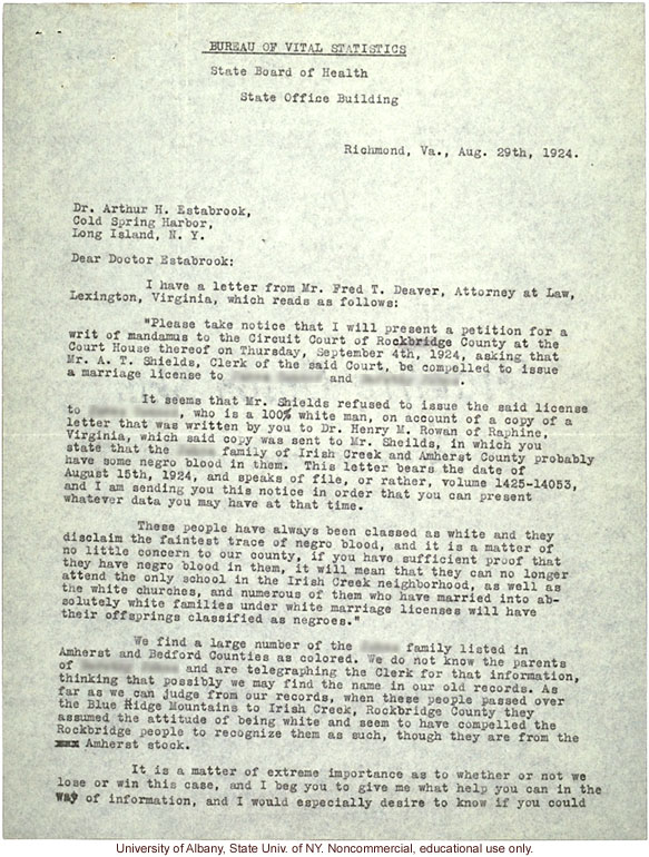 W. Plecker letters to A. Estabrook, about court case of a Colored woman who attempted to &quote;pass for white&quote; on marriage license (8/29/1924, 9/9/1924)