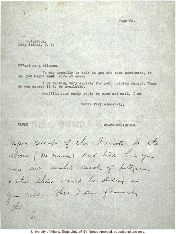 W. Plecker letters to A. Estabrook, about court case of a Colored woman who attempted to &quote;pass for white&quote; on marriage license (8/29/1924, 9/9/1924)