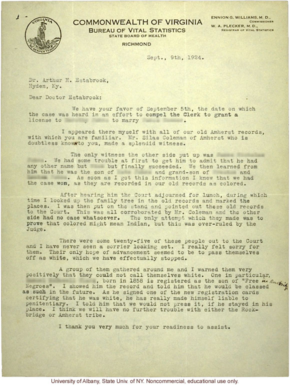 W. Plecker letters to A. Estabrook, about court case of a Colored woman who attempted to &quote;pass for white&quote; on marriage license (8/29/1924, 9/9/1924)