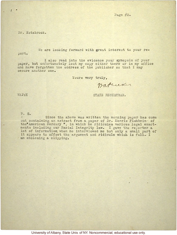 W. Plecker letters to A. Estabrook, about court case of a Colored woman who attempted to &quote;pass for white&quote; on marriage license (8/29/1924, 9/9/1924)