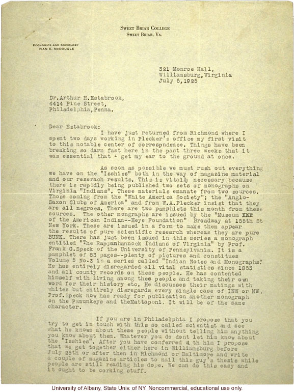 I. McDougle letter to A. Estabrook, about new studies of race mixing in Virginia and need to rush publication of their own work (7/5/1925)