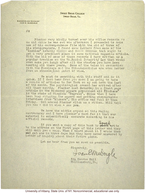 I. McDougle letter to A. Estabrook, about new studies of race mixing in Virginia and need to rush publication of their own work (7/5/1925)