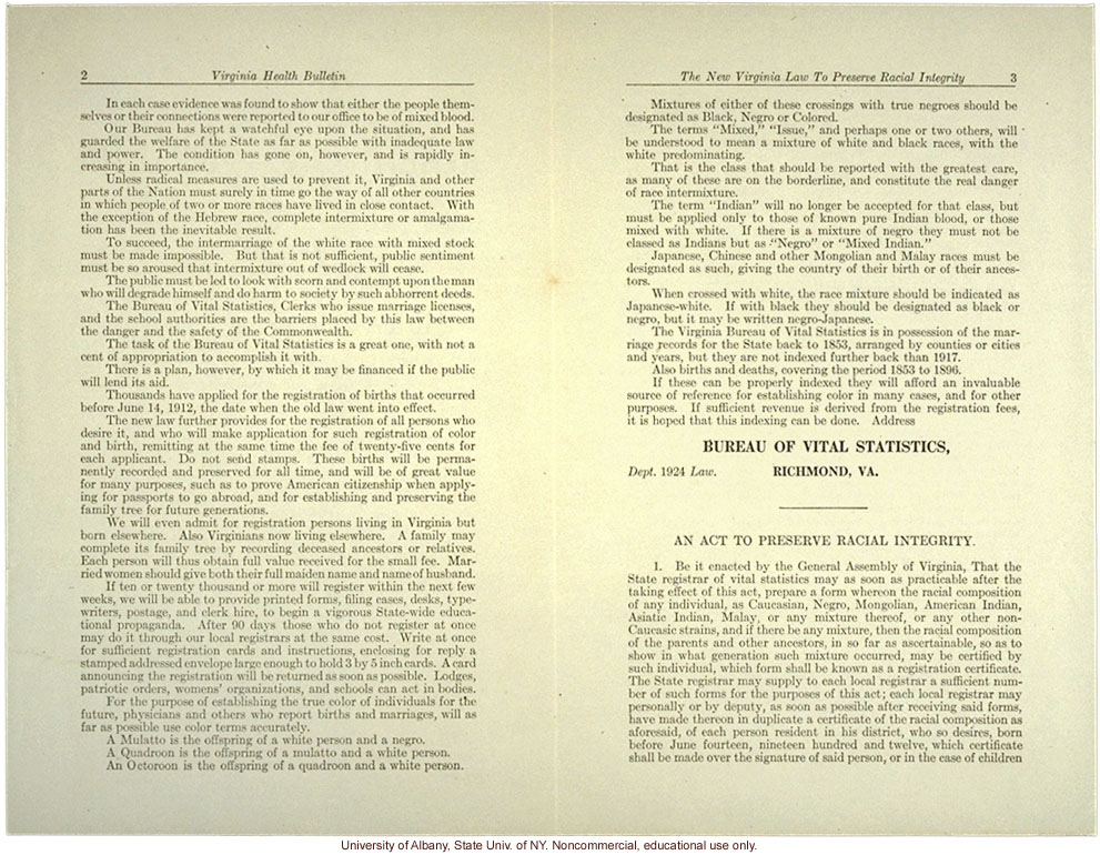 &quote;The New Virginia Law to Preserve Racial Integrity,&quote; by W. A. Plecker, Virginia Health Bulletin (vol. 16:2)