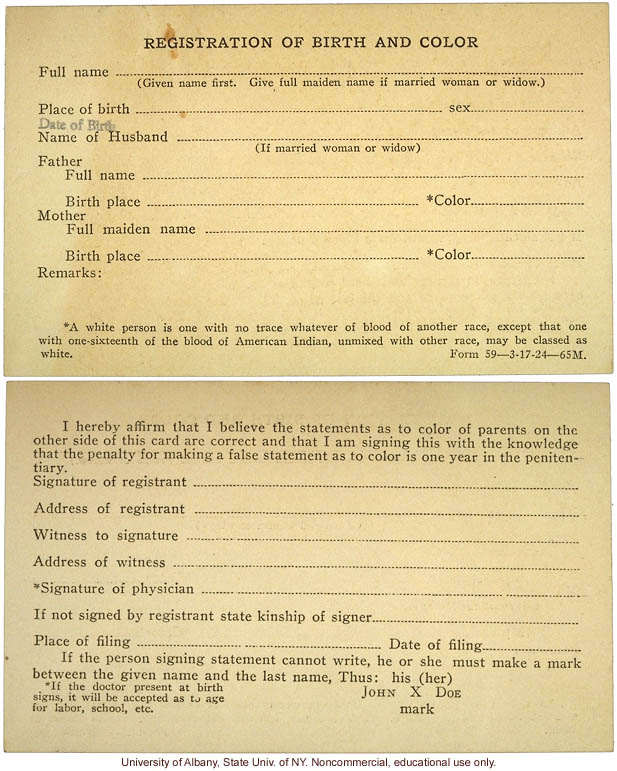 "e;Registration of Birth and Color,"e; State of Virginia form