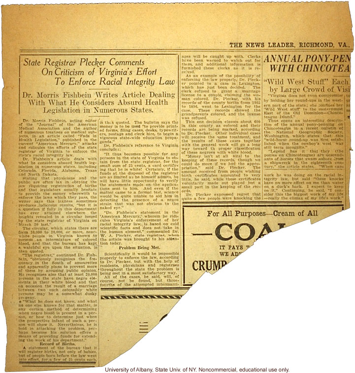 &quote;State Registrar Plecker Comments on Criticism [by JAMA editor] of Virginia's Effort to Enforce Racial Integrity Law,&quote; The Richmond News Leader