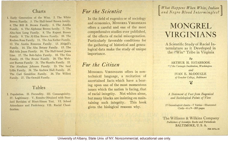 Brochure advertising <i>Mongrel Virginians</i>, by Arthur H. Estabrook and Ivan E. McDougle