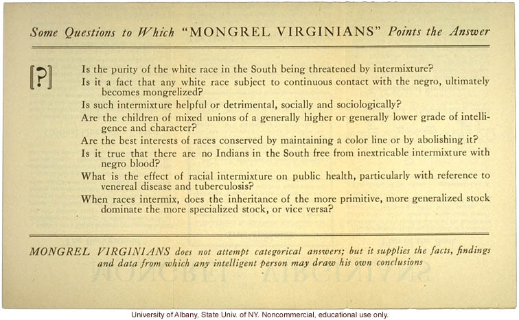 Brochure advertising <i>Mongrel Virginians</i>, by Arthur H. Estabrook and Ivan E. McDougle