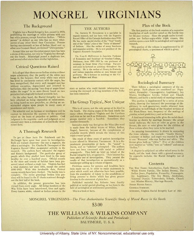 Brochure advertising <i>Mongrel Virginians</i>, by Arthur H. Estabrook and Ivan E. McDougle