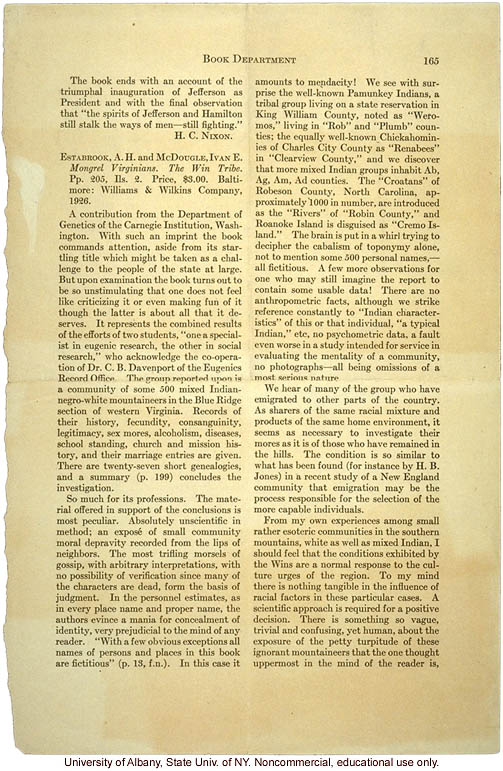 Critical review of <i>Mongrel Virginians</i>  (&quote;A really absurd and useless book&quote;), by Abraham Myerson, Annals of the American Academy