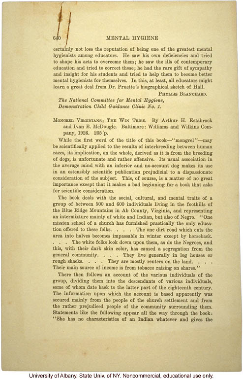 Critcal review of <i>Mongrel Virginians</i>, by Abraham Myerson, Mental Hygiene