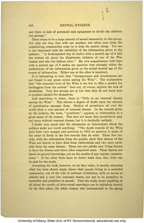 Critcal review of <i>Mongrel Virginians</i>, by Abraham Myerson, Mental Hygiene