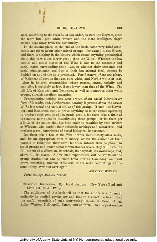 Critcal review of <i>Mongrel Virginians</i>, by Abraham Myerson, Mental Hygiene