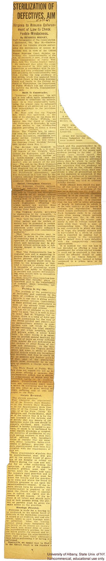 &quote;Sterilization of Defectives, Aim,&quote; report on Buck v. Bell Supreme Court Decision, Richmond Courier Journal (5/26/1927)