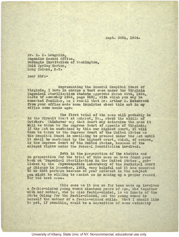 A. Strode letter to H. Laughlin, requesting a deposition on hereditary feeblmindedness for the trial of Carrie Buck in Amherst, Virginia (9/30/1924)