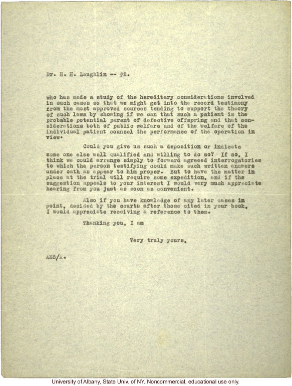 A. Strode letter to H. Laughlin, requesting a deposition on hereditary feeblmindedness for the trial of Carrie Buck in Amherst, Virginia (9/30/1924)