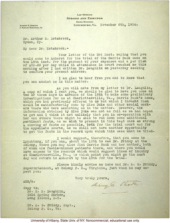 A. Strode letter to A. Estabrook, plans for making &quote;preliminary investigations&quote; prior to testifying at the Carrie Buck trial (1/6/1924)