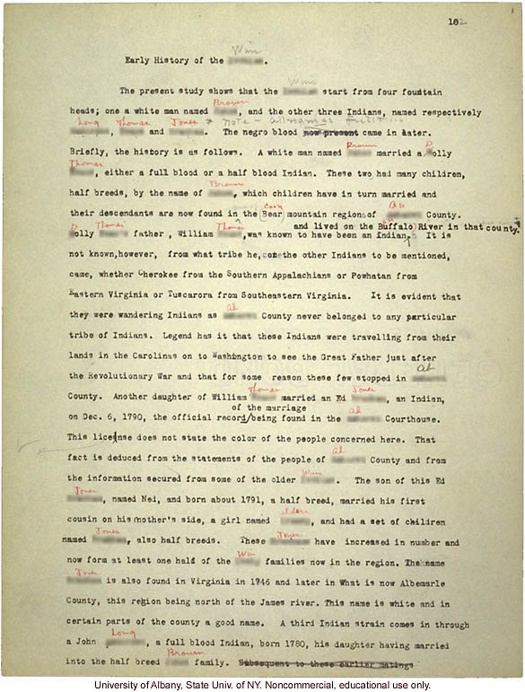 <i>Mongrel Virginians: The Win Tribe</i>, by A.H. Estabrook and I.E. McDougle, typescript corresponding to pp16-19 of book, w/ hand-written pseudonyms