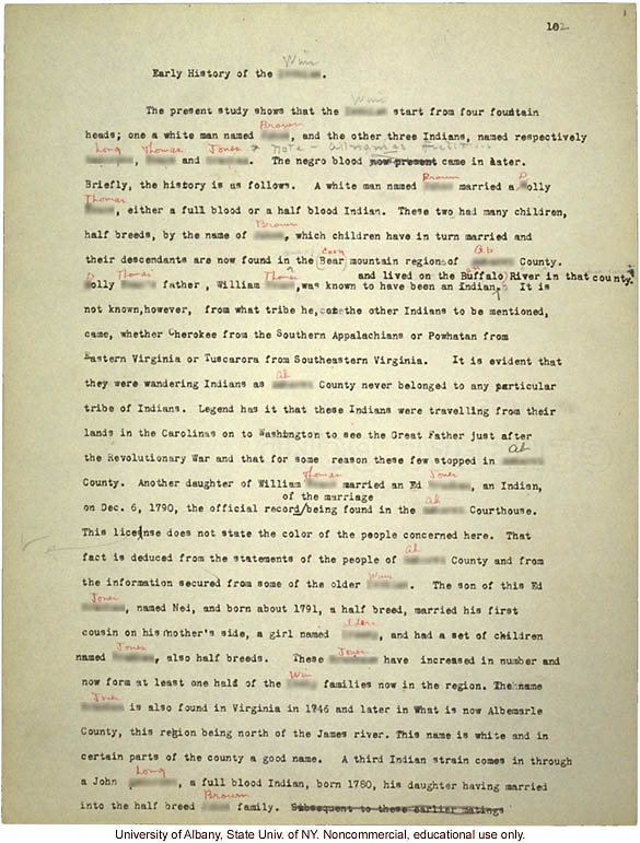 <i>Mongrel Virginians: The Win Tribe</i>, by A.H. Estabrook and I.E. McDougle, typescript corresponding to pp16-19 of book, w/ hand-written pseudonyms