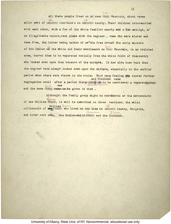 <i>Mongrel Virginians: The Win Tribe</i>, by A.H. Estabrook and I.E. McDougle, typescript corresponding to pp16-19 of book, w/ hand-written pseudonyms