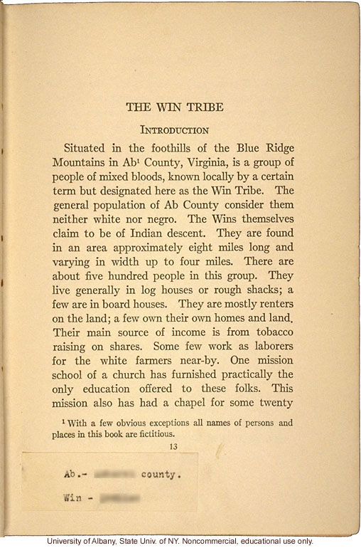 <i>Mongrel Virginians: The Win Tribe</i>, by A.H. Estabrook and I.E. McDougle, introduction of Estabrook's copy with added keys to pseudonyms