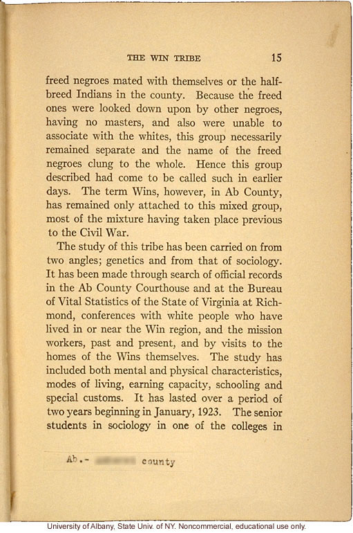 <i>Mongrel Virginians: The Win Tribe</i>, by A.H. Estabrook and I.E. McDougle, introduction of Estabrook's copy with added keys to pseudonyms