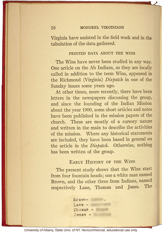 <i>Mongrel Virginians: The Win Tribe</i>, by A.H. Estabrook and I.E. McDougle, introduction of Estabrook's copy with added keys to pseudonyms
