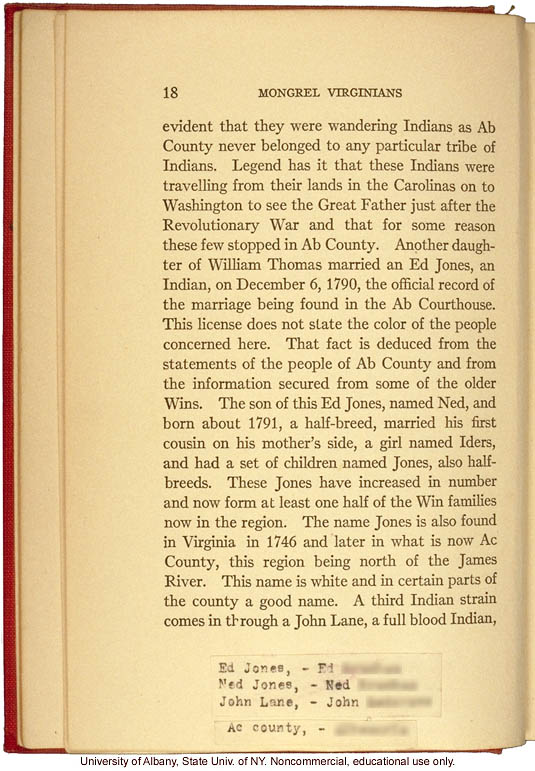 <i>Mongrel Virginians: The Win Tribe</i>, by A.H. Estabrook and I.E. McDougle, introduction of Estabrook's copy with added keys to pseudonyms