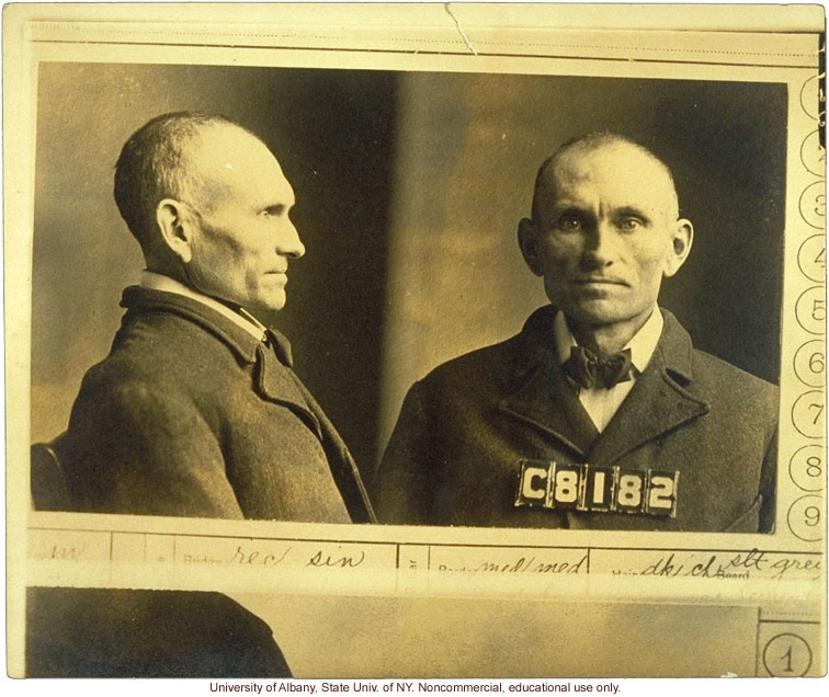 Prison mug shot of Edgar (V428) and corresponding entry in <i>The Jukes in 1915</i>, by A.H. Estabrook (photo laid in copy of R. Dugdale's The Jukes)