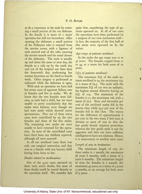 &quote;A Quarter of a Century's Experience in Sterilization of Mental Defectives in California,&quote; by F.O. Butler, Amer. Journ. Mental Deficiency (vol 49:4)