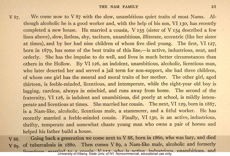 The Nam Family, by A. Estabrook and C. Davenport, pedigree of V87, V127, V155 (p. 21) and corresponding field portraits from back of Estabrook's copy