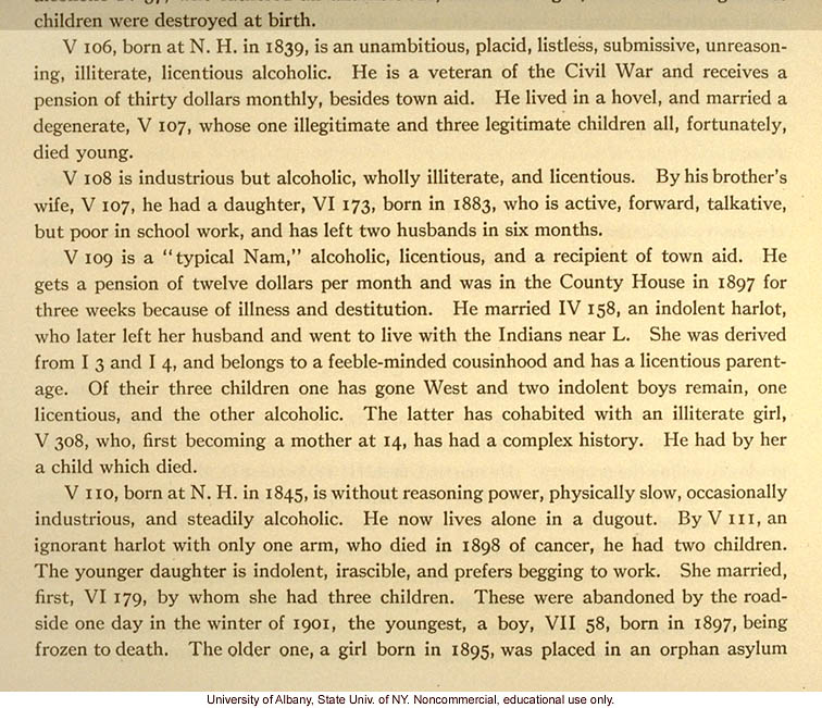 The Nam Family, by A. Estabrook and C. Davenport, pedigree of V106-V109 (p. 26) and corresponding field portraits from back of Estabrook's copy