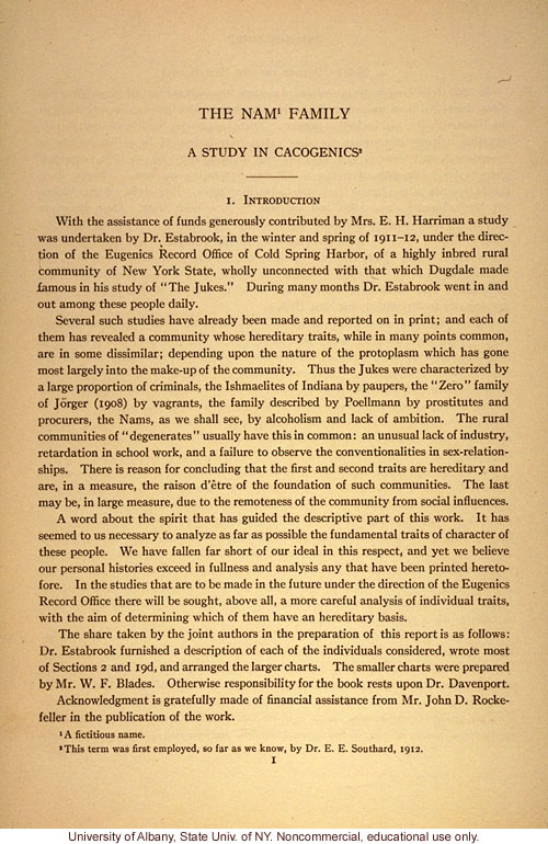 The Nam Family: A Study in Cacogenics (Eugenics Record Office Memoir No. 2), by A.H. Estabrook and C.B. Davenport, introduction and early history