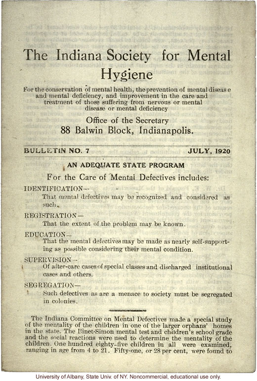 &quote;Indiana Society for Mental Hygiene Bulletin No. 7&quote; (July 1920), statistics on mental illness and feeblemindedness in institutions around the U.S.