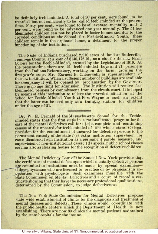 &quote;Indiana Society for Mental Hygiene Bulletin No. 7&quote; (July 1920), statistics on mental illness and feeblemindedness in institutions around the U.S.